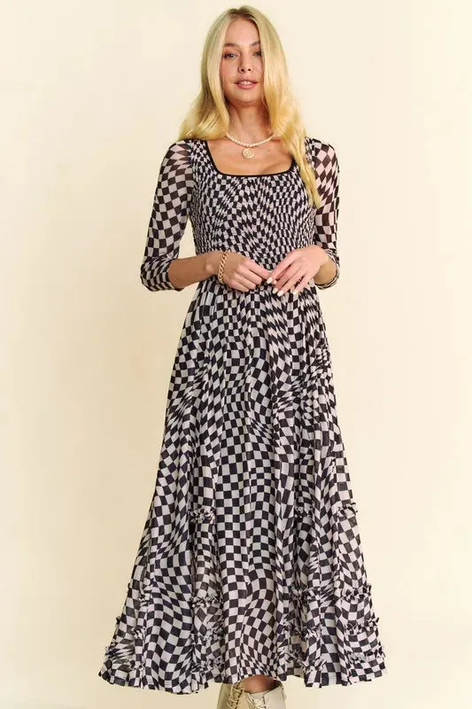 Davi & Dani Printed Checker Mesh Flowy Maxi Dress In Black