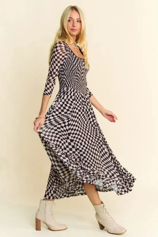 Davi & Dani Printed Checker Mesh Flowy Maxi Dress In Black