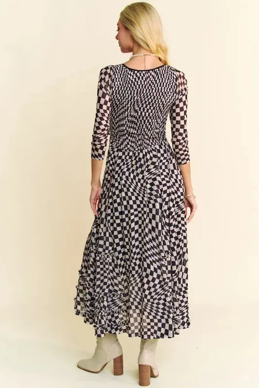 Davi & Dani Printed Checker Mesh Flowy Maxi Dress In Black
