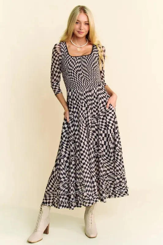 Davi & Dani Printed Checker Mesh Flowy Maxi Dress In Black