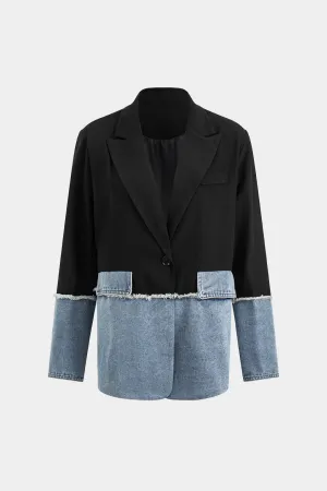 Denim Patchwork Pocket Button Notched Lapel Blazer