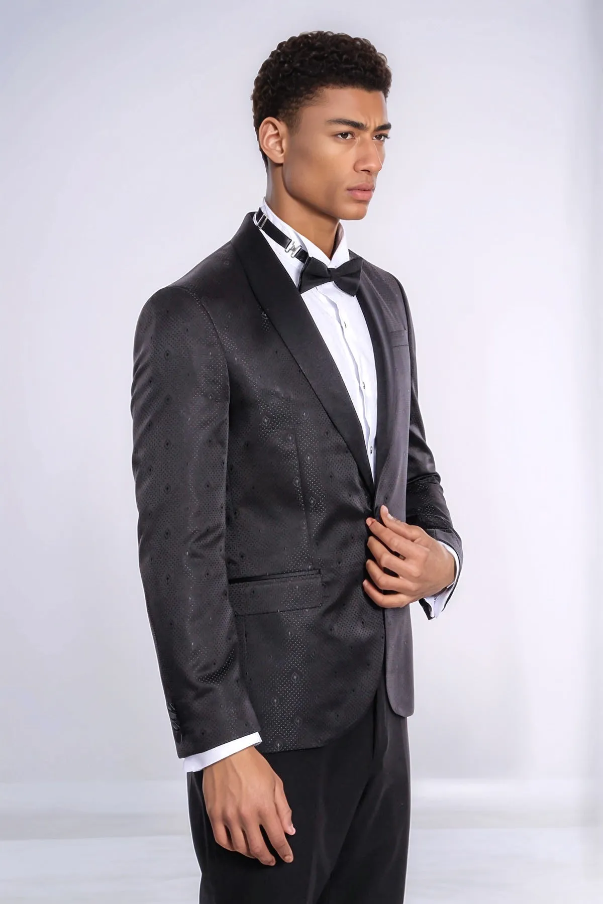 Dot Patterned Slim Fit Black Men Tuxedo Jacket - Wessi