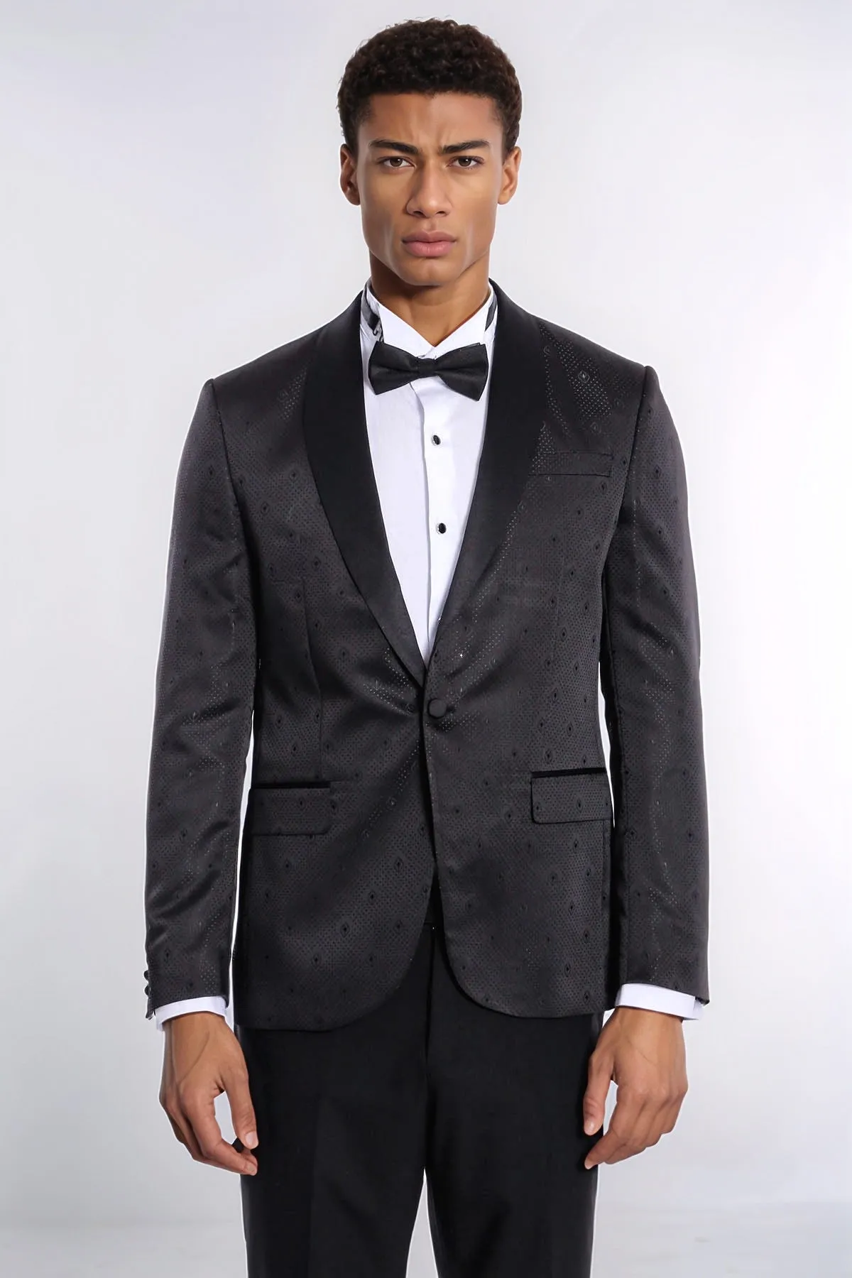 Dot Patterned Slim Fit Black Men Tuxedo Jacket - Wessi