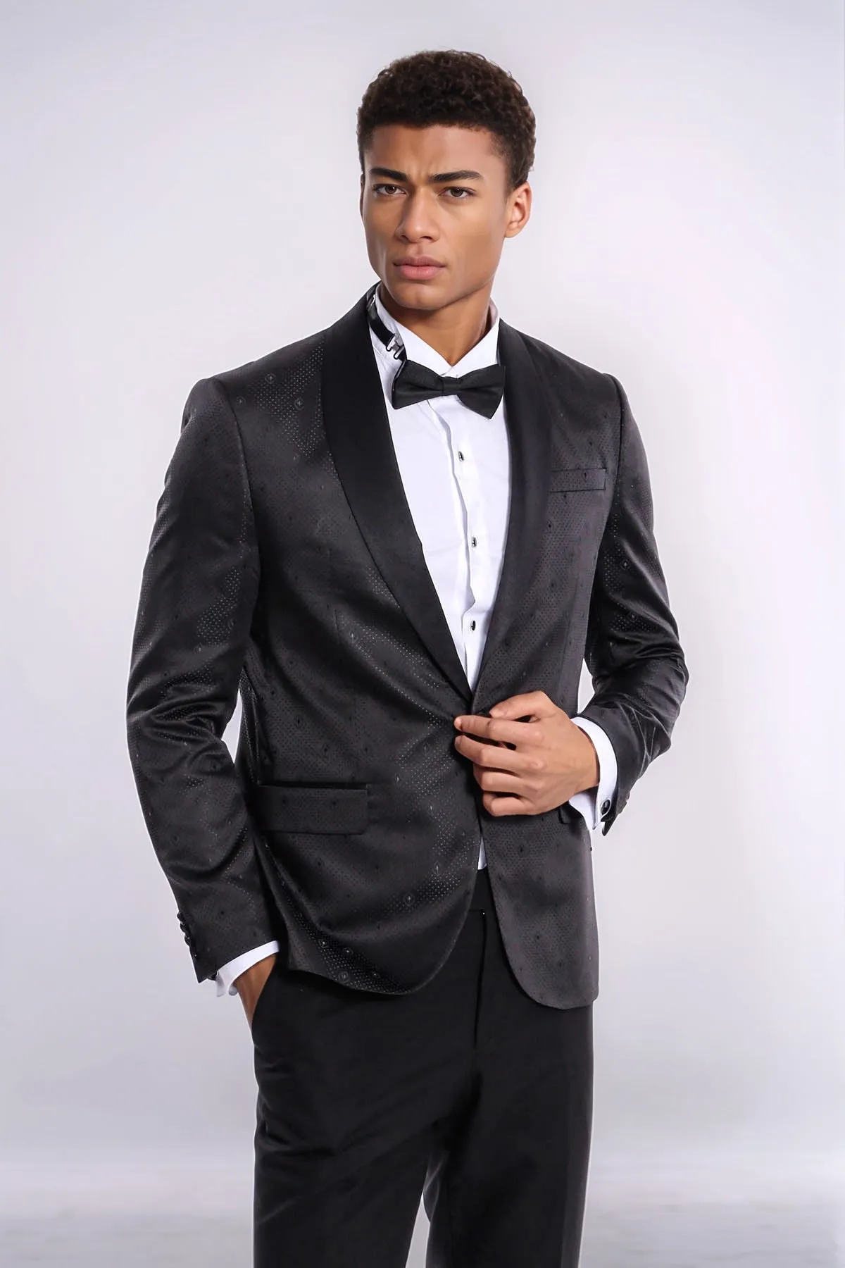 Dot Patterned Slim Fit Black Men Tuxedo Jacket - Wessi