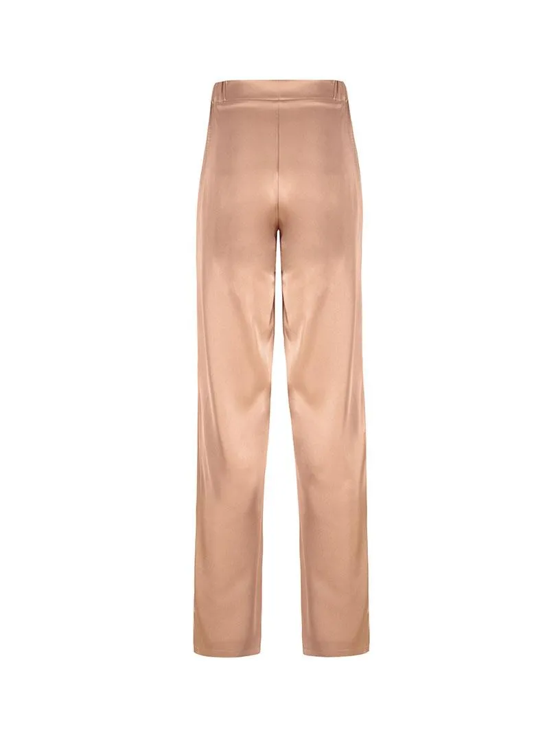 Elasticated Waist Wide Leg Satin Pants - Camel