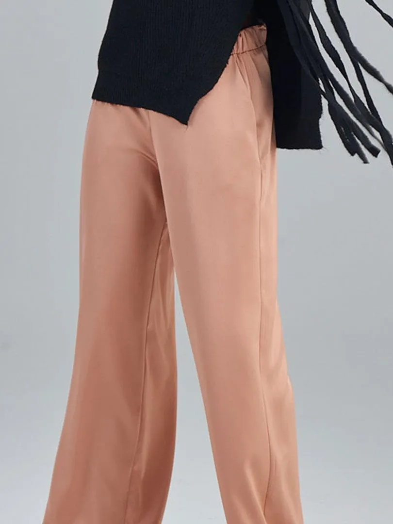 Elasticated Waist Wide Leg Satin Pants - Camel