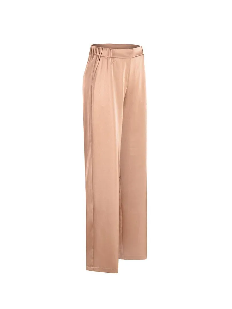 Elasticated Waist Wide Leg Satin Pants - Camel