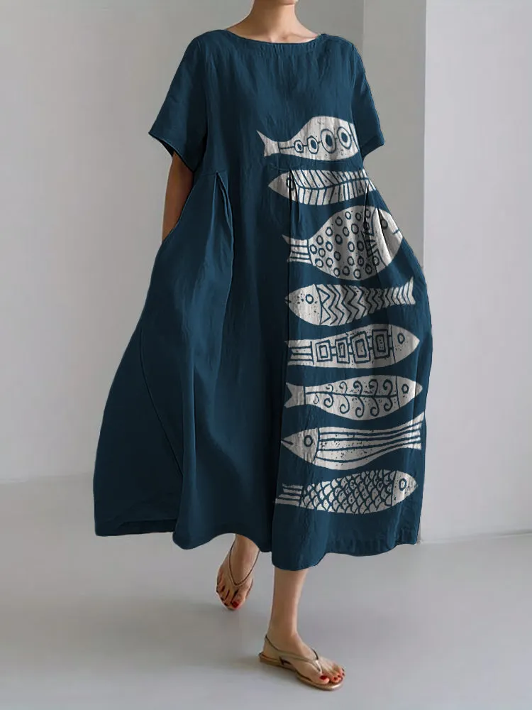 Fish Japanese Lino Art Flowy  Maxi Dress