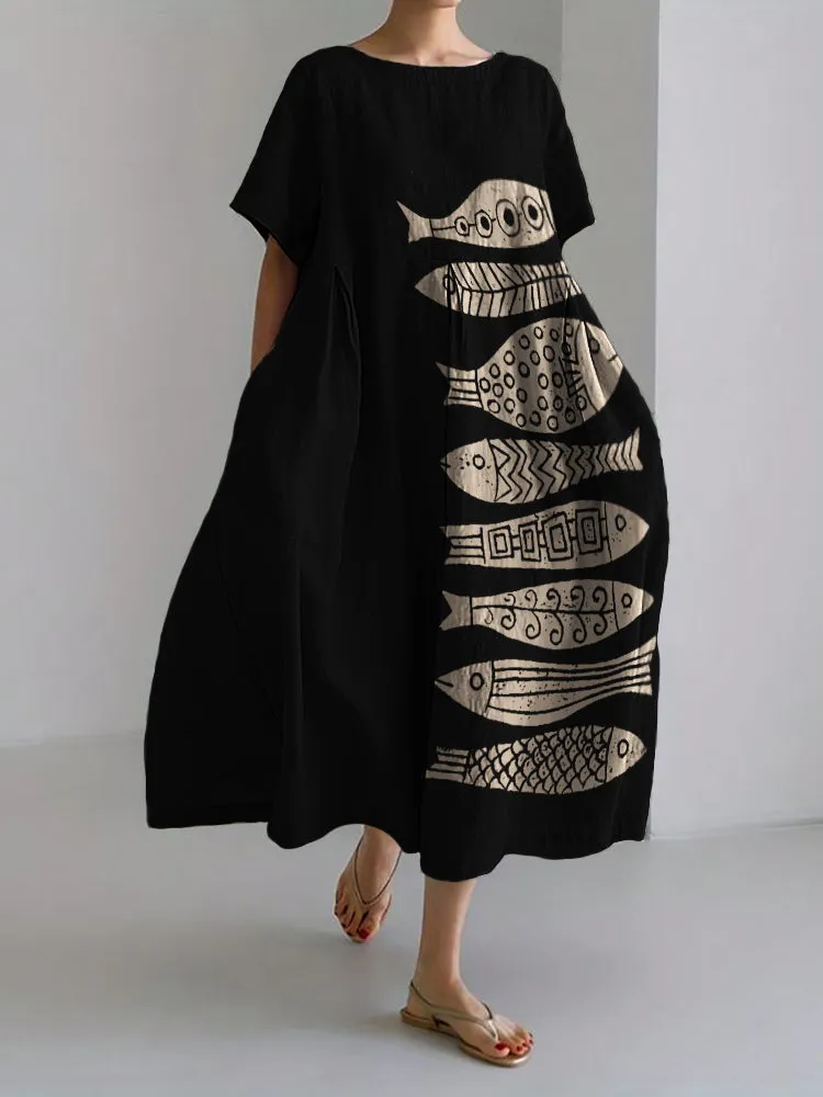 Fish Japanese Lino Art Flowy  Maxi Dress