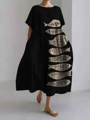 Fish Japanese Lino Art Flowy  Maxi Dress