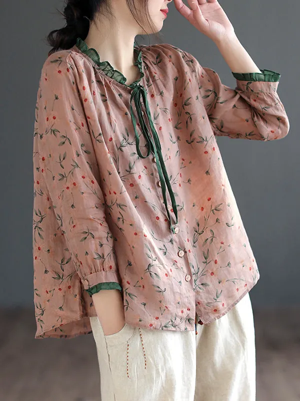 Floral Printed Lace-Up Long Sleeves Loose Round-Neck Blouses&Shirts Tops