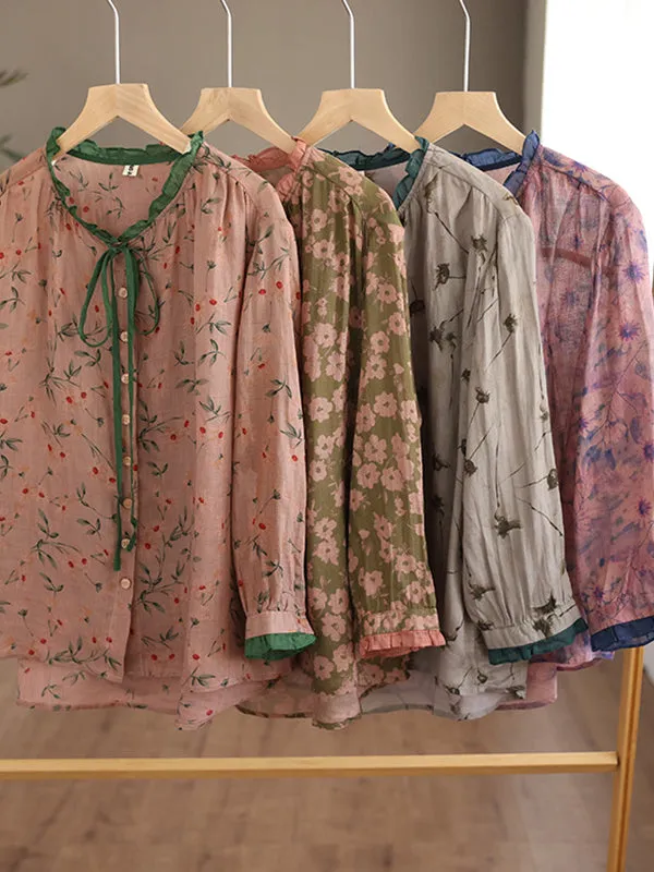 Floral Printed Lace-Up Long Sleeves Loose Round-Neck Blouses&Shirts Tops