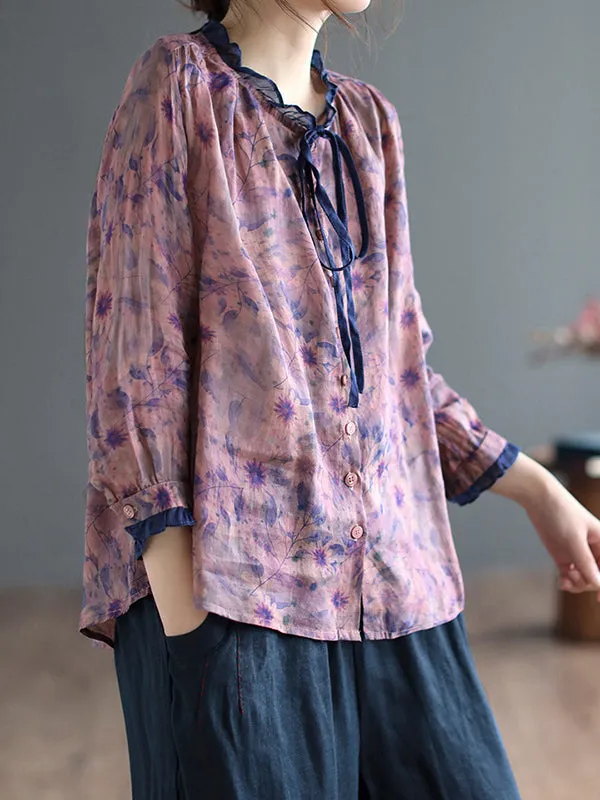 Floral Printed Lace-Up Long Sleeves Loose Round-Neck Blouses&Shirts Tops