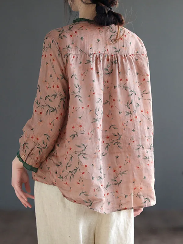 Floral Printed Lace-Up Long Sleeves Loose Round-Neck Blouses&Shirts Tops
