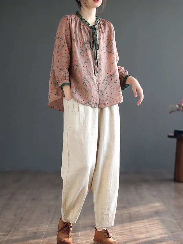Floral Printed Lace-Up Long Sleeves Loose Round-Neck Blouses&Shirts Tops