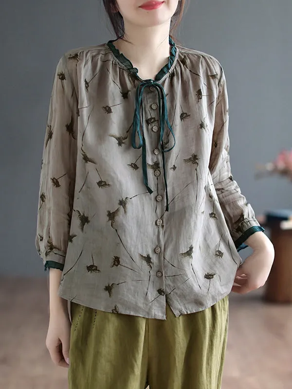 Floral Printed Lace-Up Long Sleeves Loose Round-Neck Blouses&Shirts Tops