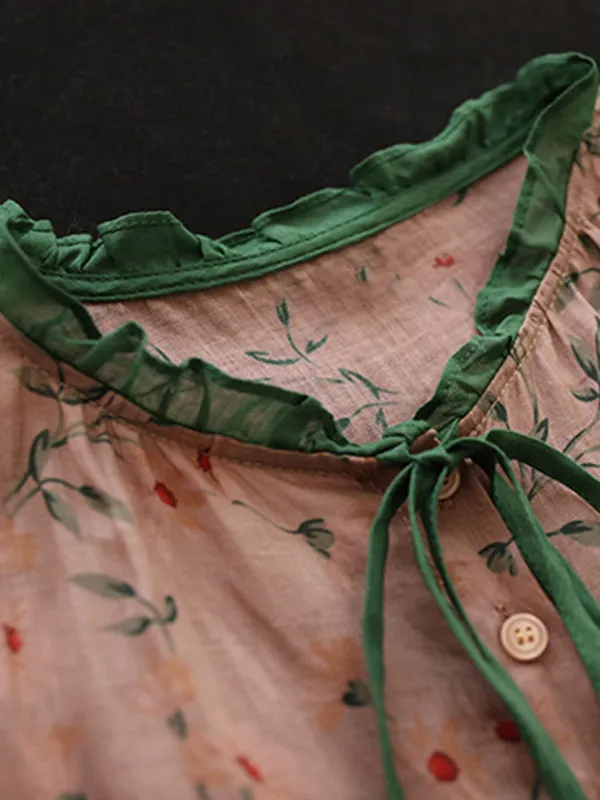 Floral Printed Lace-Up Long Sleeves Loose Round-Neck Blouses&Shirts Tops
