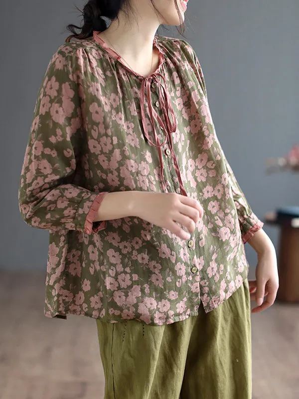 Floral Printed Lace-Up Long Sleeves Loose Round-Neck Blouses&Shirts Tops