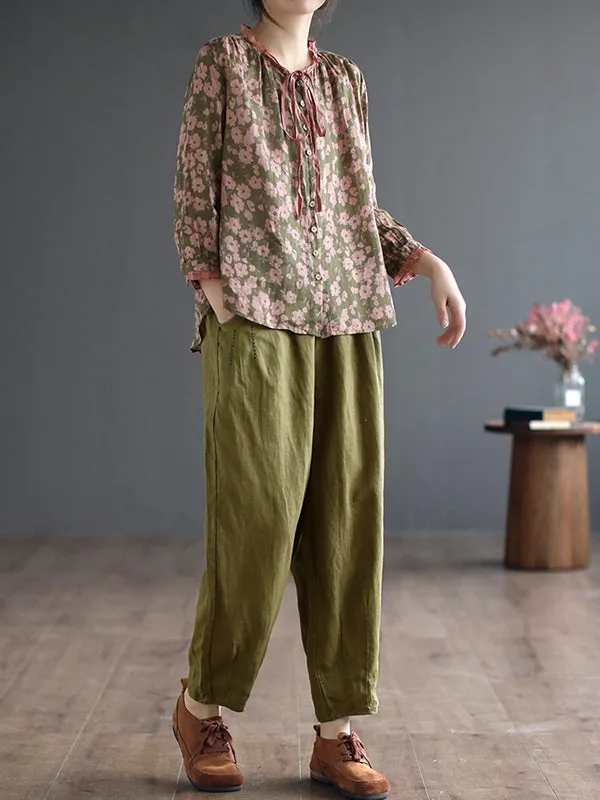 Floral Printed Lace-Up Long Sleeves Loose Round-Neck Blouses&Shirts Tops