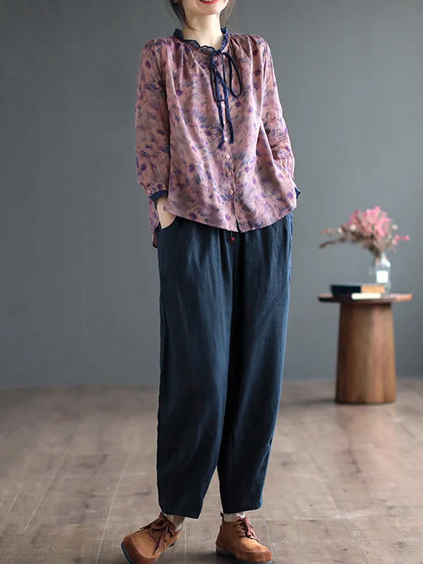 Floral Printed Lace-Up Long Sleeves Loose Round-Neck Blouses&Shirts Tops