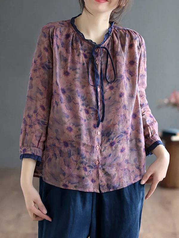 Floral Printed Lace-Up Long Sleeves Loose Round-Neck Blouses&Shirts Tops