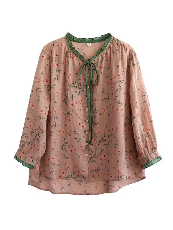 Floral Printed Lace-Up Long Sleeves Loose Round-Neck Blouses&Shirts Tops