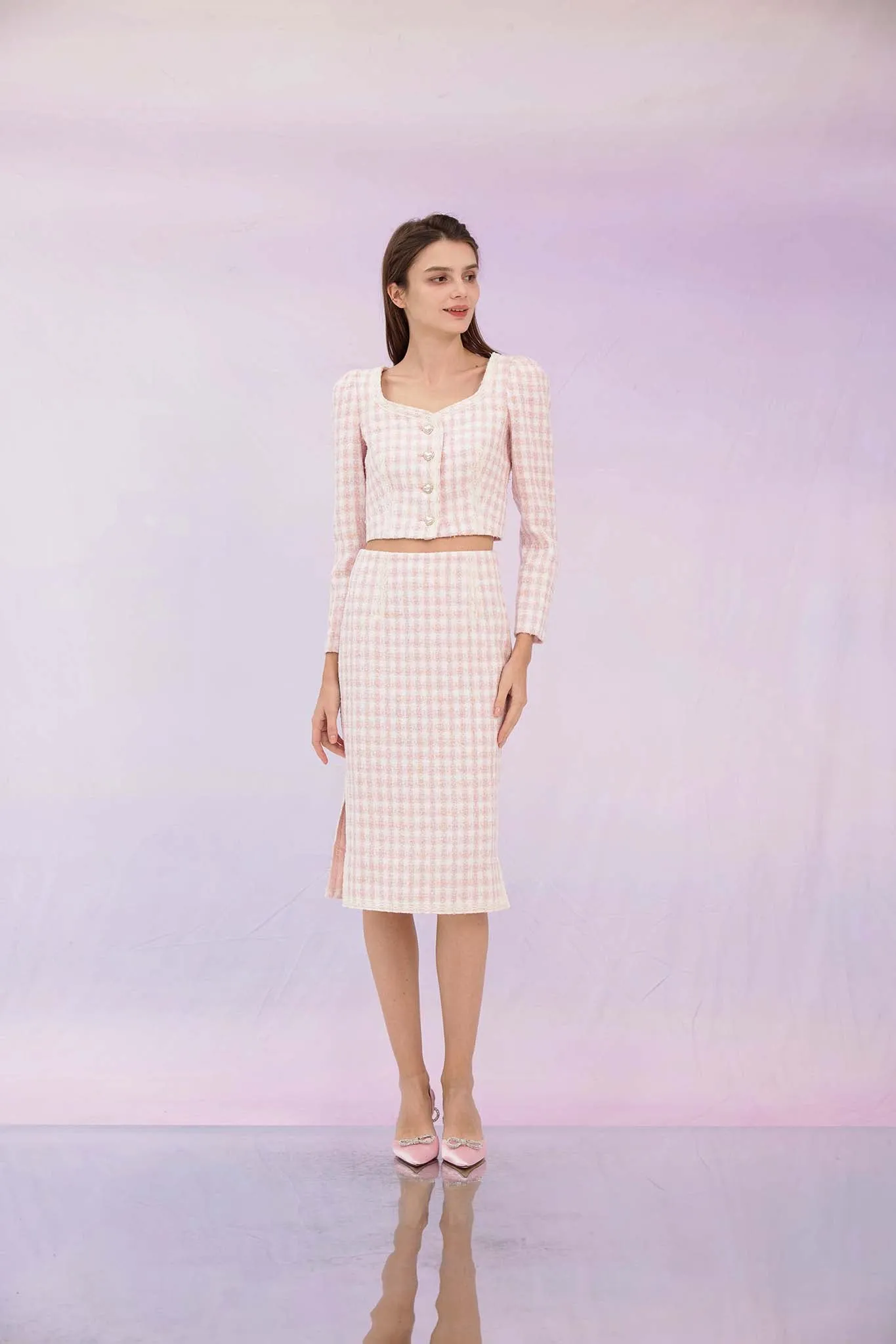 Gennie Pink Tweed Midi Skirt