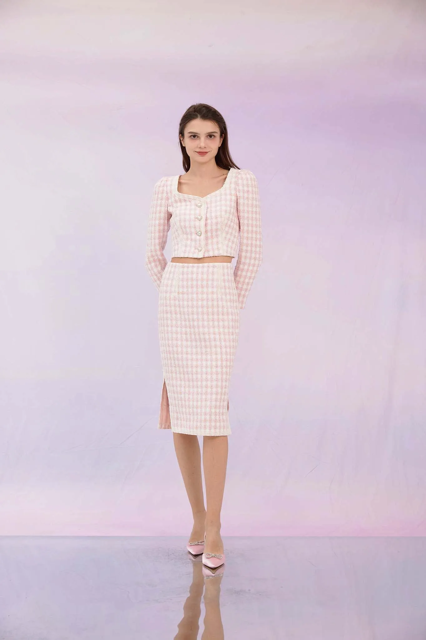 Gennie Pink Tweed Midi Skirt