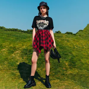 Knot Front Asymmetrical Hem Plaid Skirt