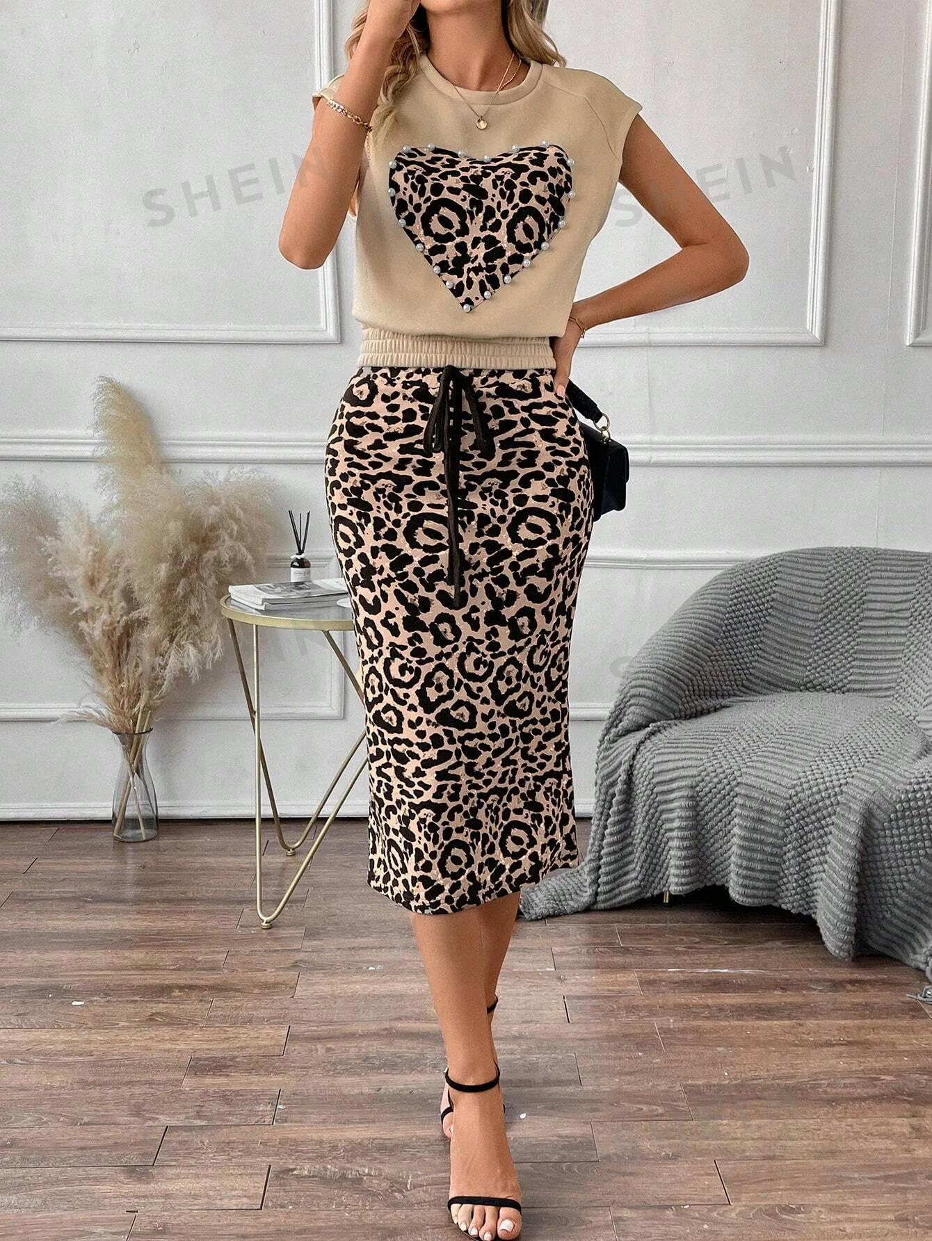 LUNE Leopard Print Top & Drawstring Waist Skirt