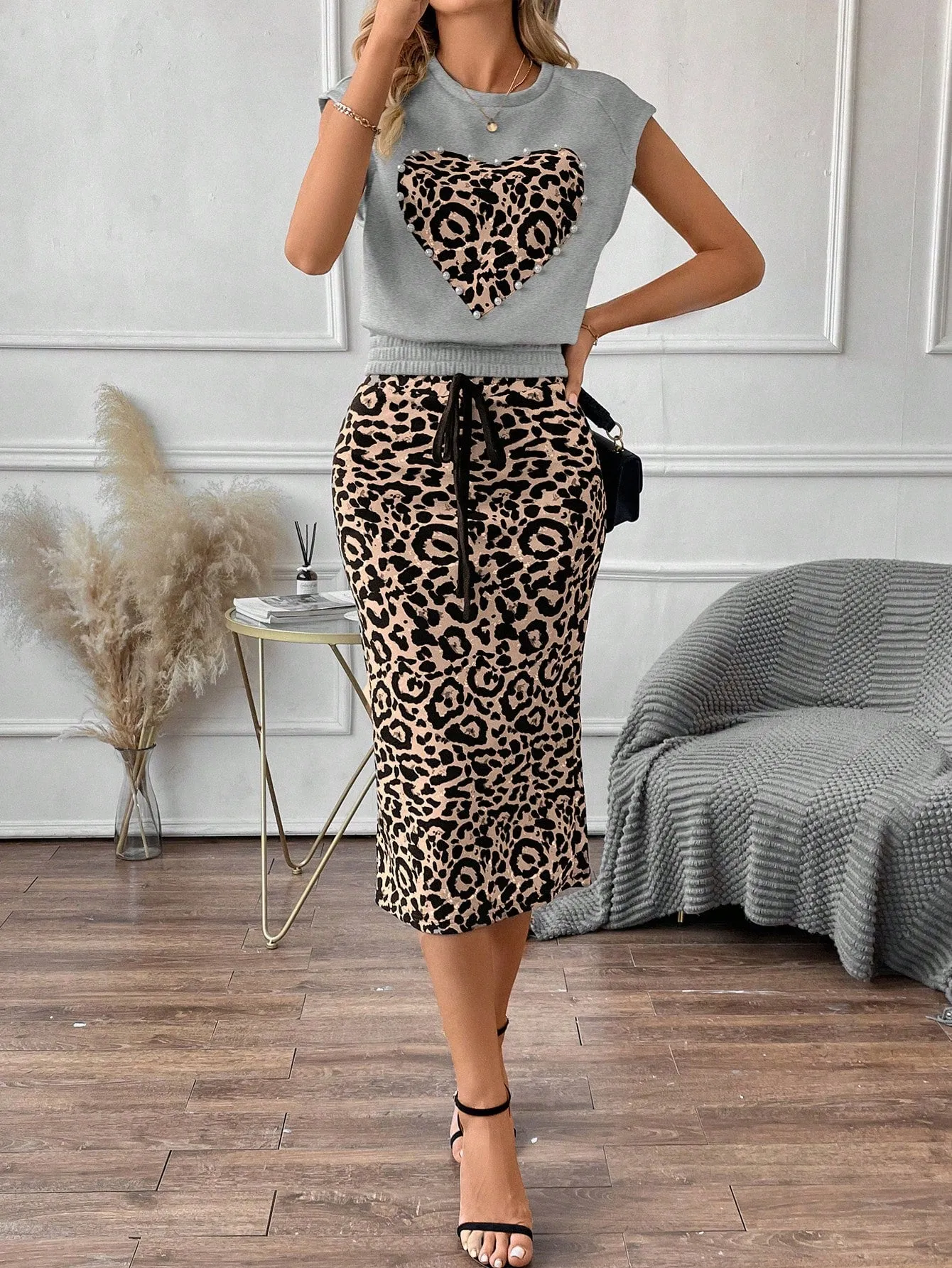 LUNE Leopard Print Top & Drawstring Waist Skirt