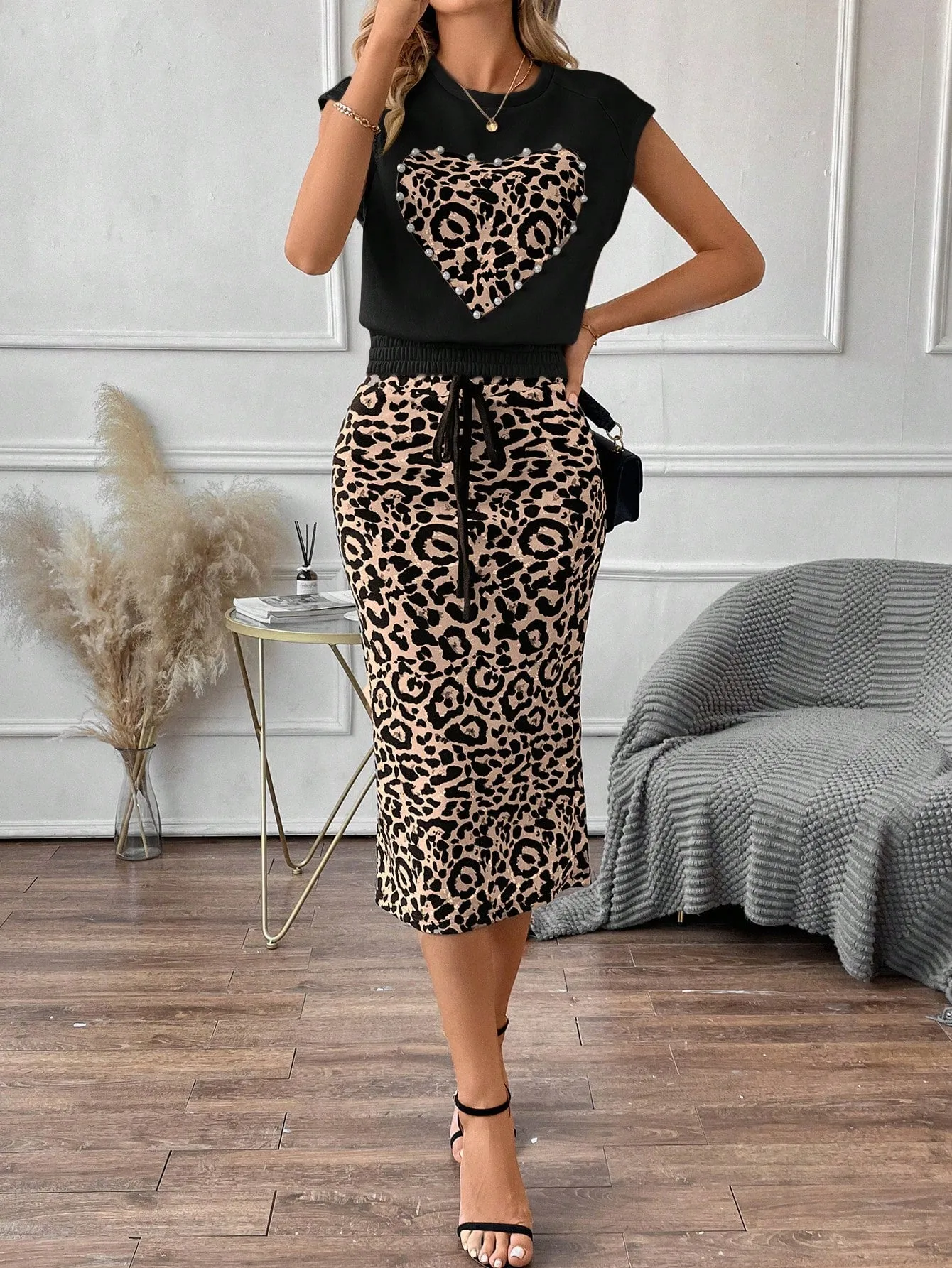 LUNE Leopard Print Top & Drawstring Waist Skirt