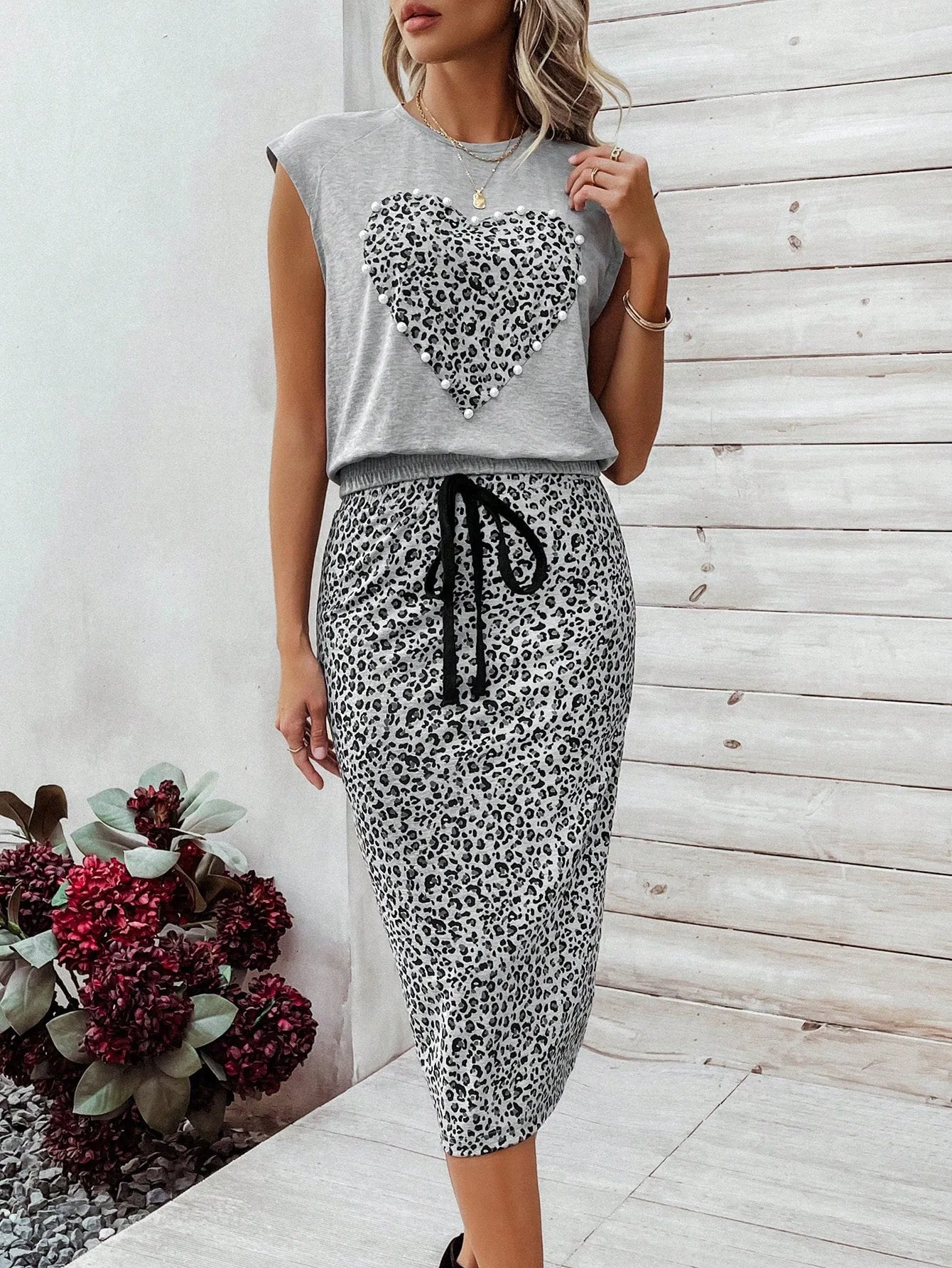 LUNE Leopard Print Top & Drawstring Waist Skirt