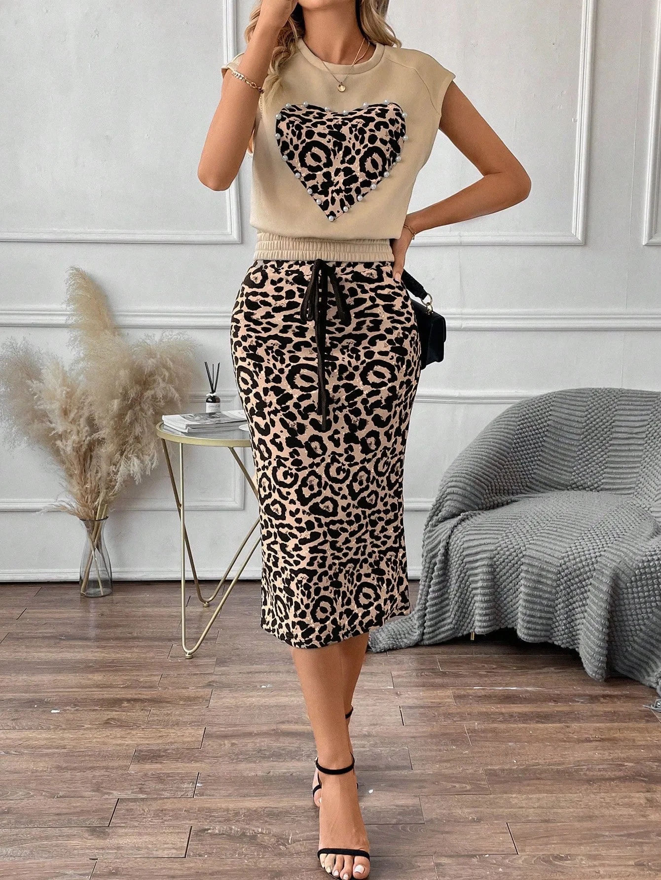 LUNE Leopard Print Top & Drawstring Waist Skirt