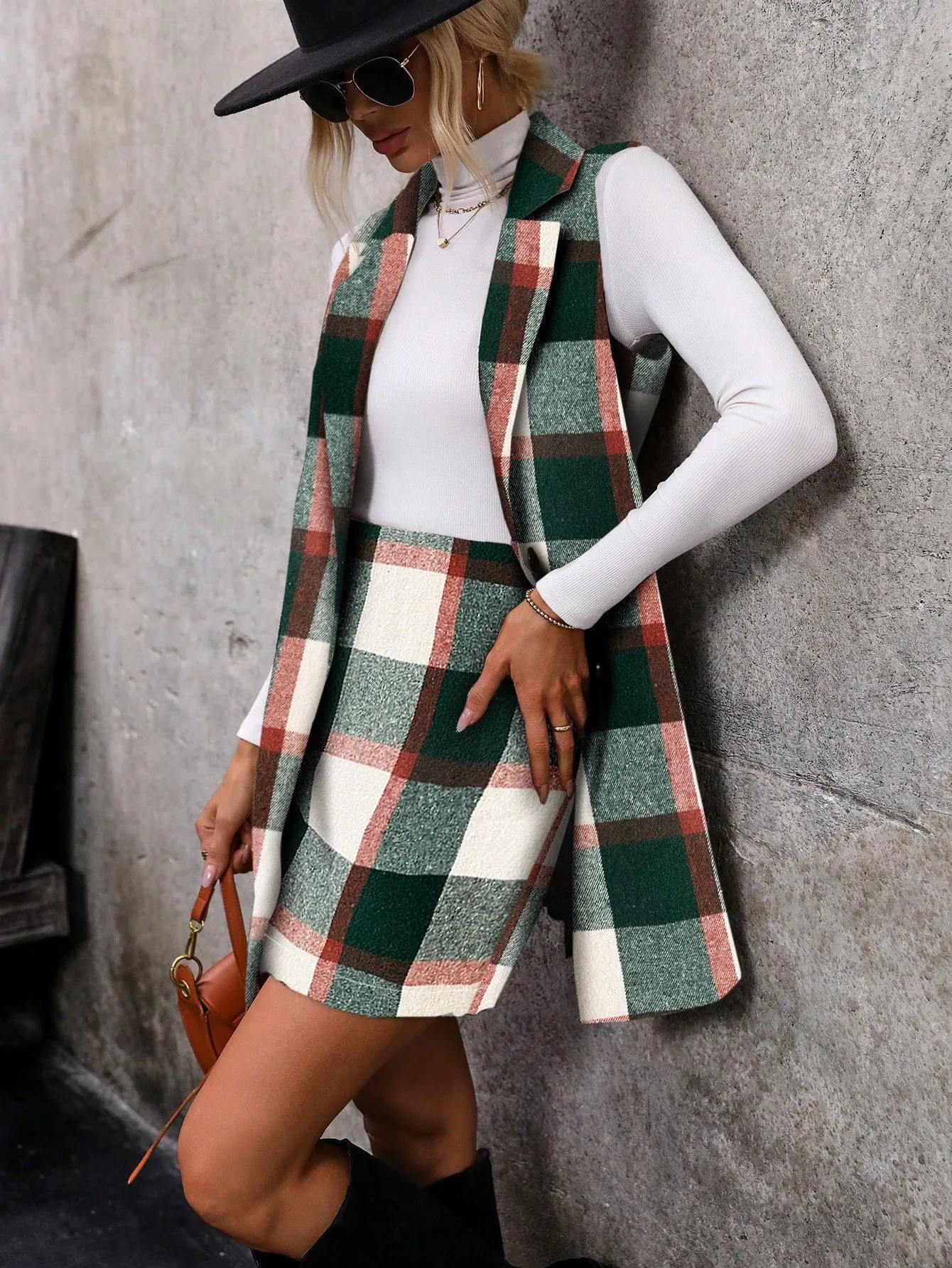 LUNE Plaid Vest Coat And Skirt Two Piece Set