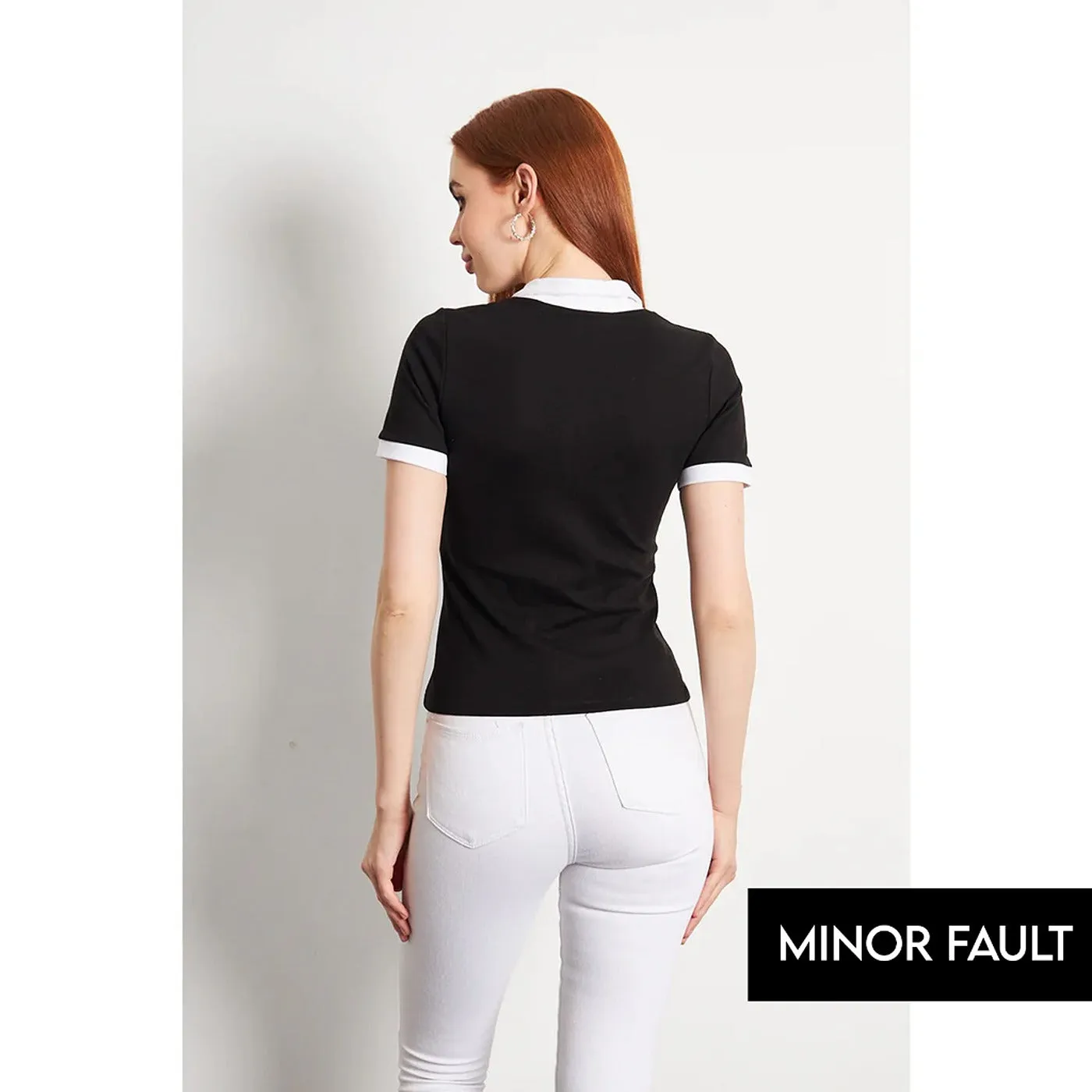 (Minor Fault) Black White Rib Knit Polo