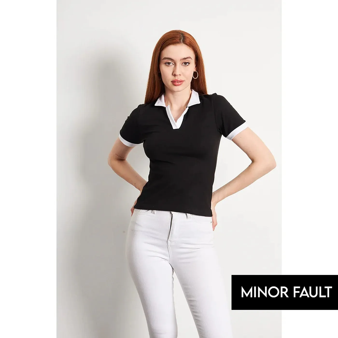 (Minor Fault) Black White Rib Knit Polo