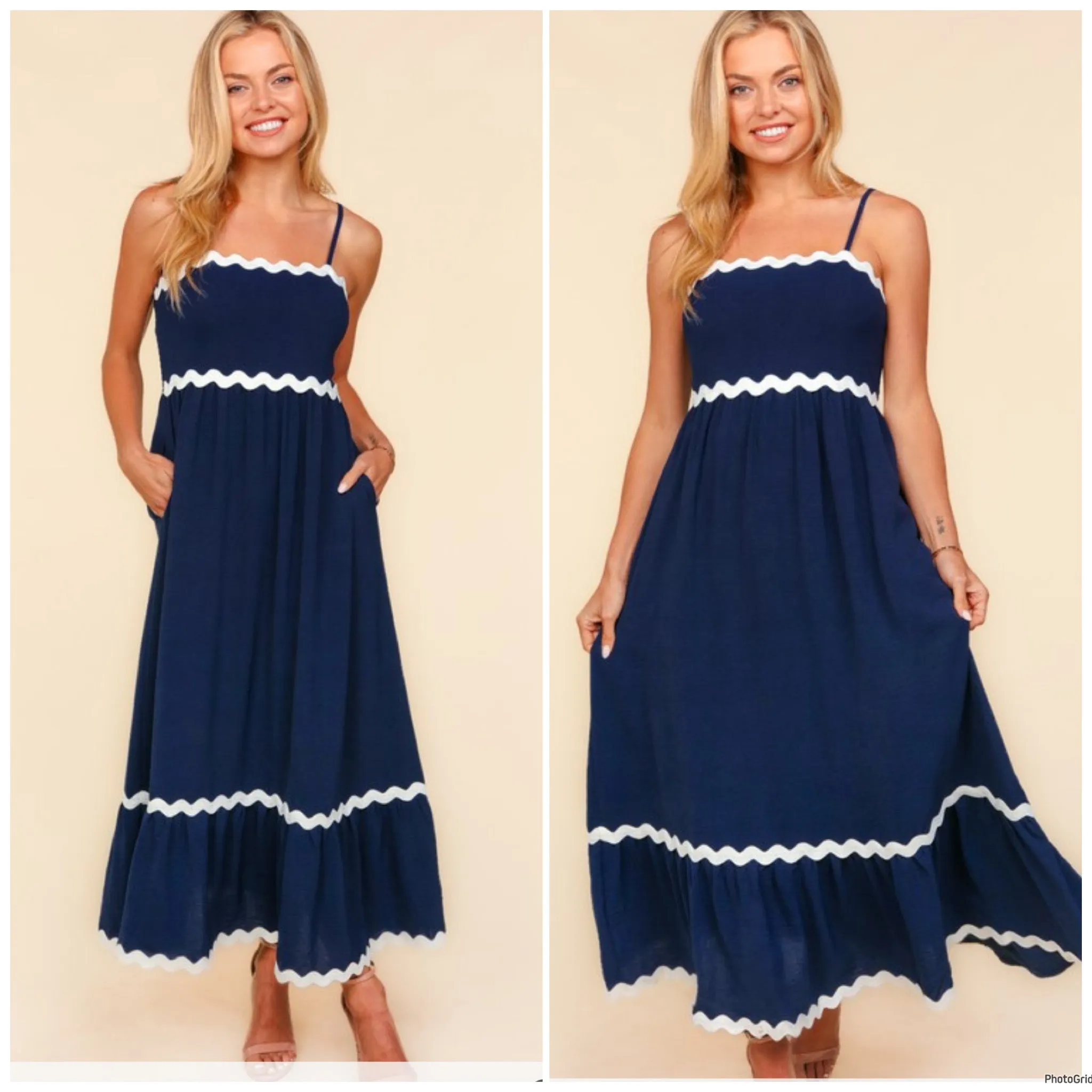 Navy fit and flare maxi dress. M