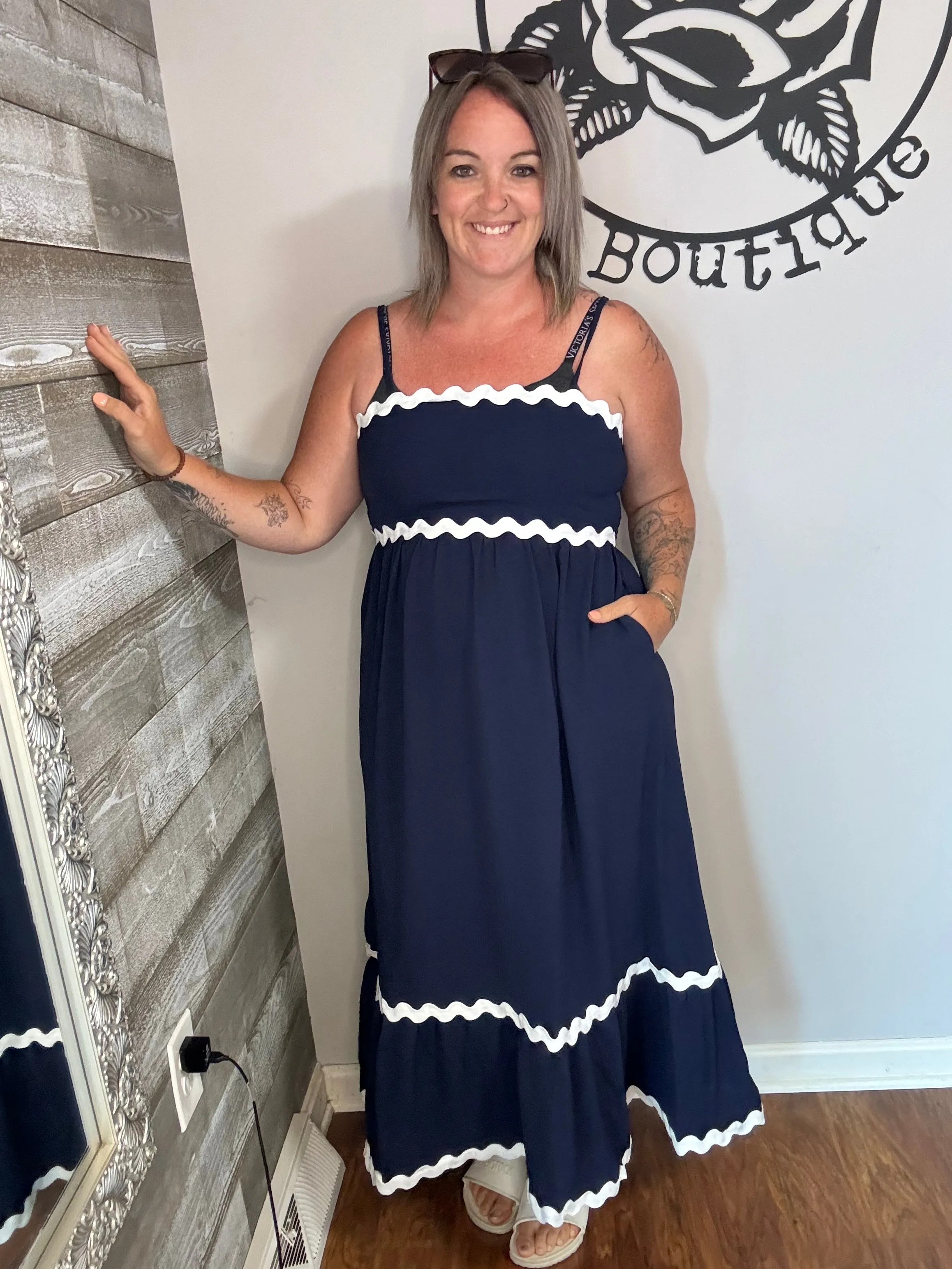 Navy fit and flare maxi dress. M