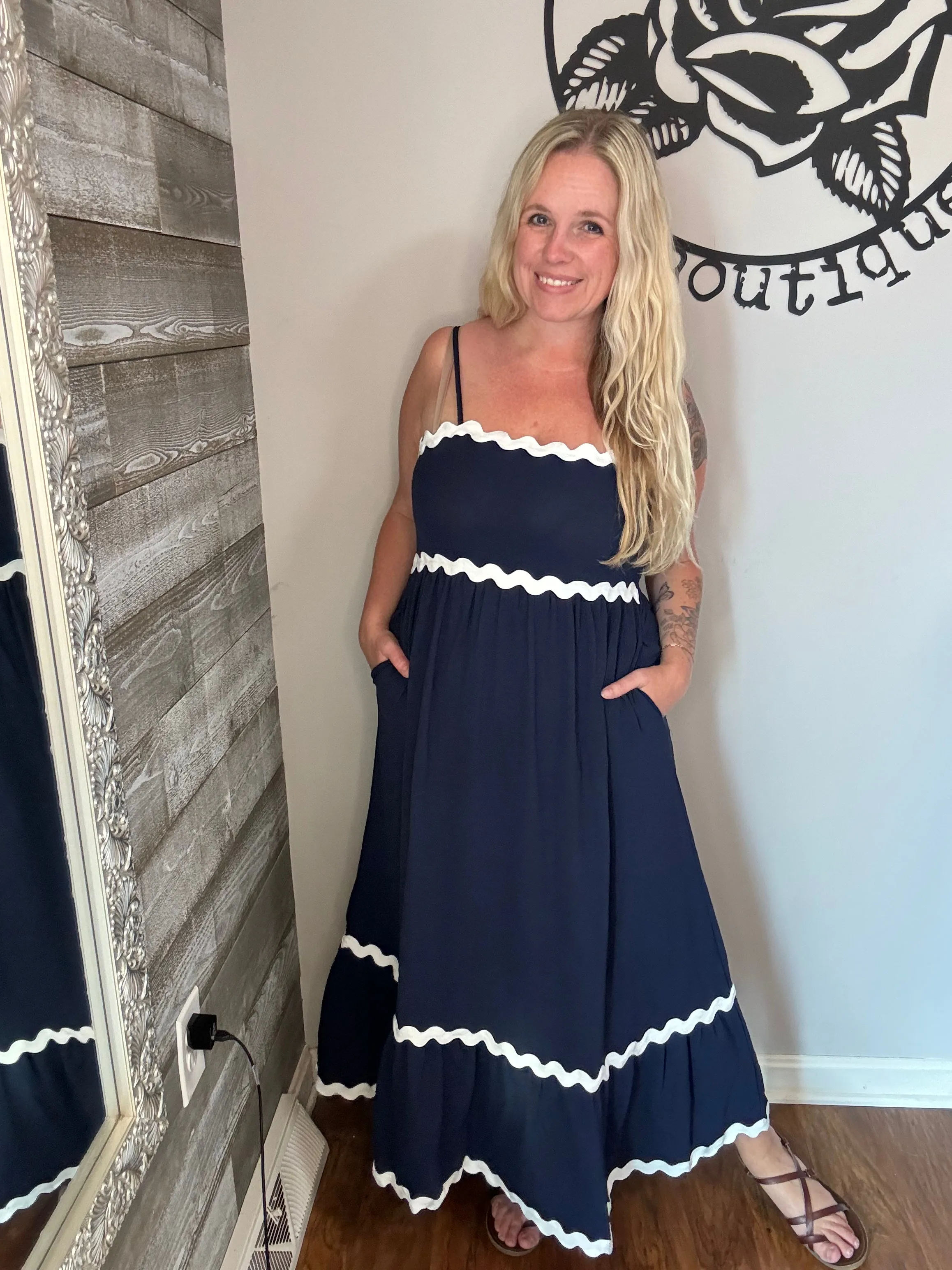 Navy fit and flare maxi dress. M