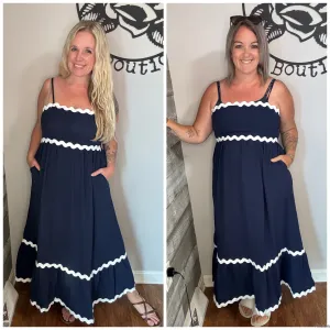 Navy fit and flare maxi dress. M