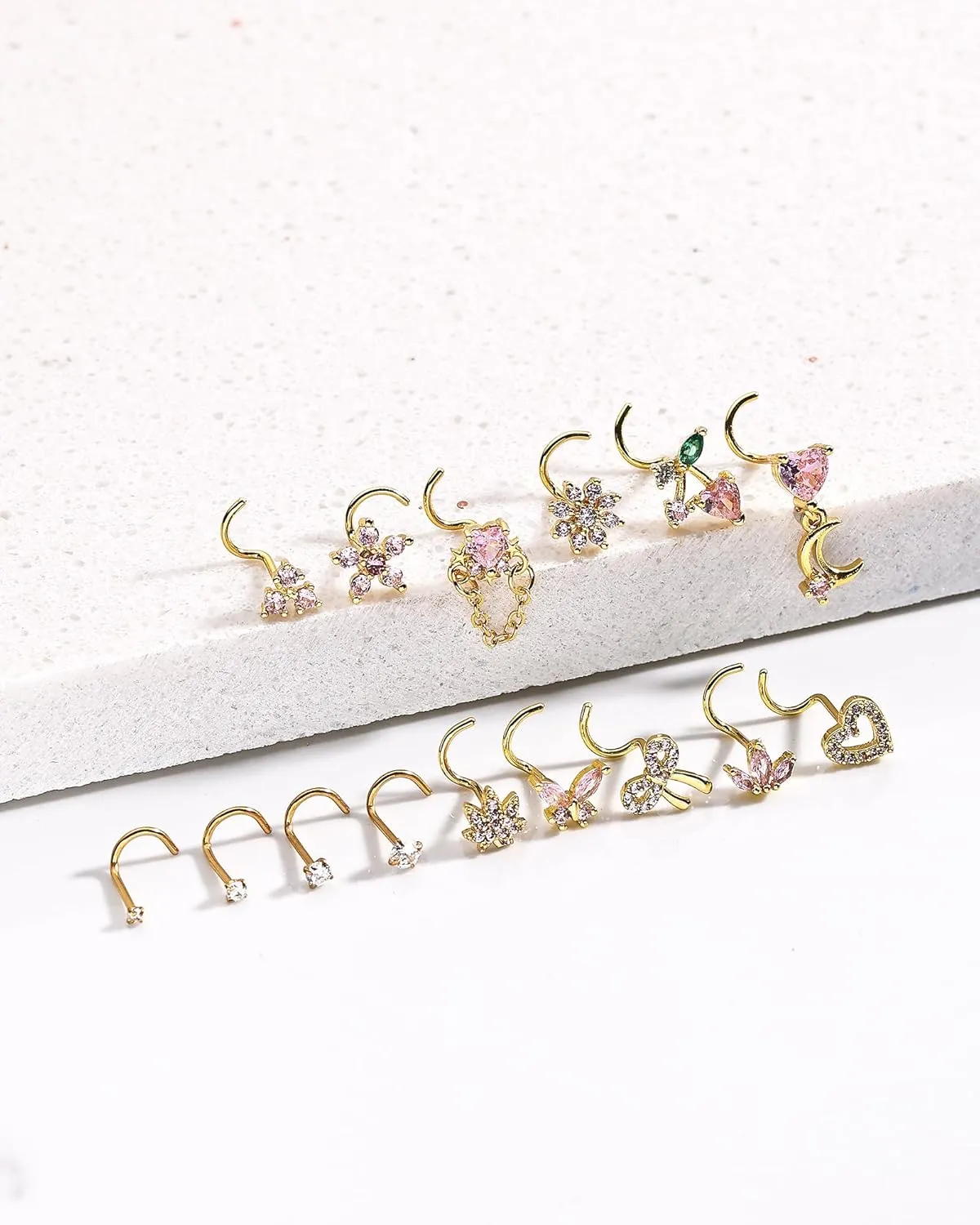 Nose Rings Corkscrew for Women Nose Piercings 20G Surgical Stainless Steel Gold Nose Studs Pink Red CZ Heart Butterfly Flower Cherry Bow Moon Dangle Nose Piercing Jewelry