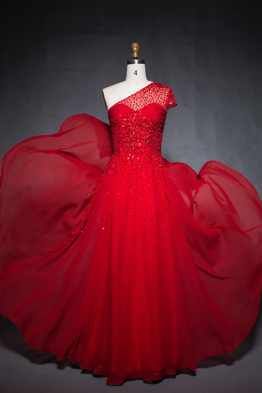 One shoulder red chiffon flowy prom dresses with hand beadings
