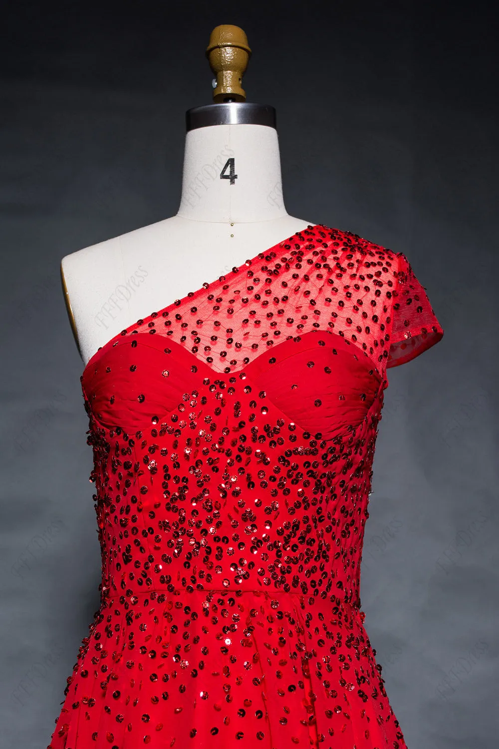 One shoulder red chiffon flowy prom dresses with hand beadings