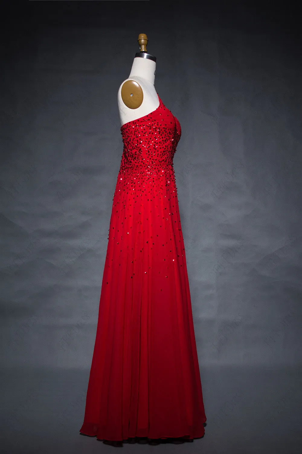 One shoulder red chiffon flowy prom dresses with hand beadings