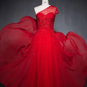 One shoulder red chiffon flowy prom dresses with hand beadings