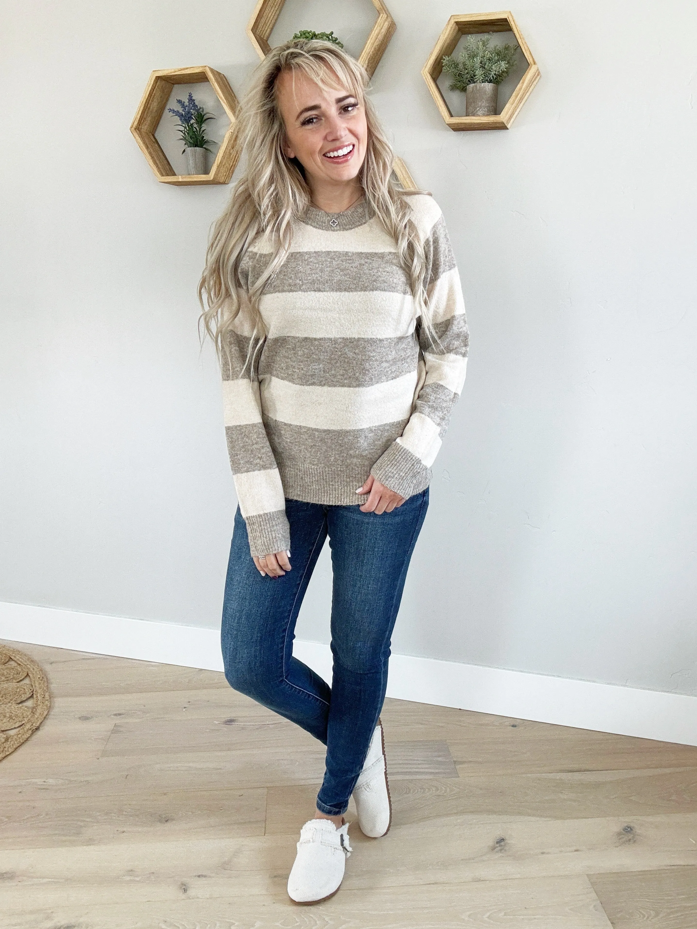Only You Striped Color Block Crew Neck Sweater in Mushroom