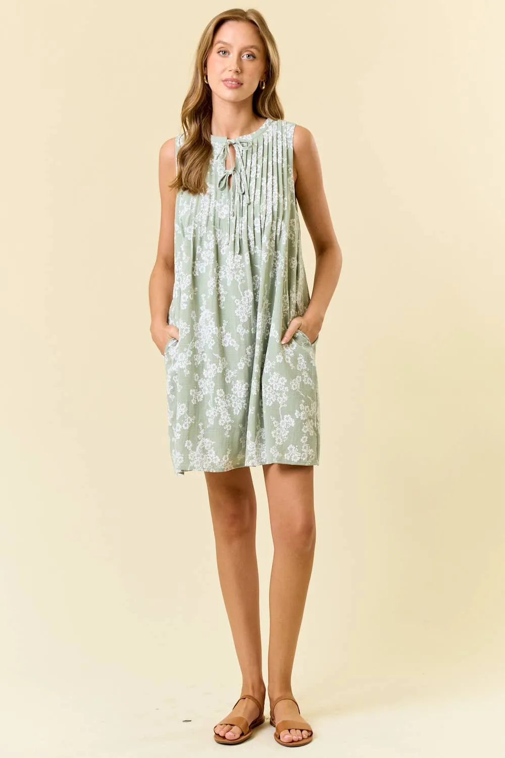 PinTuck Front Sleeveless Mini Dress W/ Side Pocket