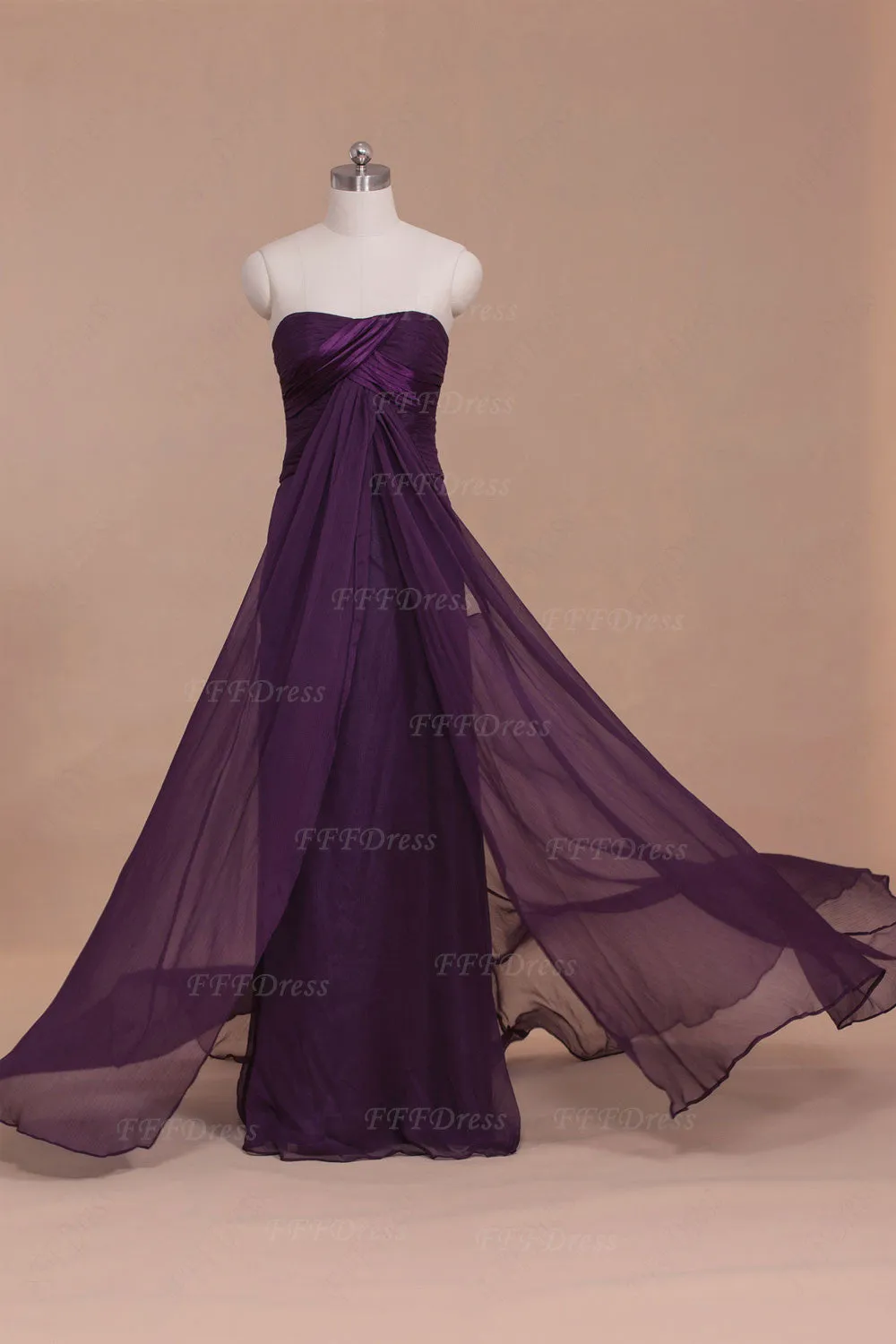 Purple Strapless Flowy Long Prom Dresses