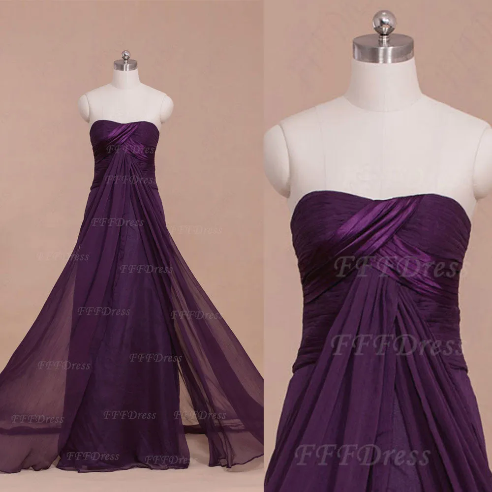 Purple Strapless Flowy Long Prom Dresses